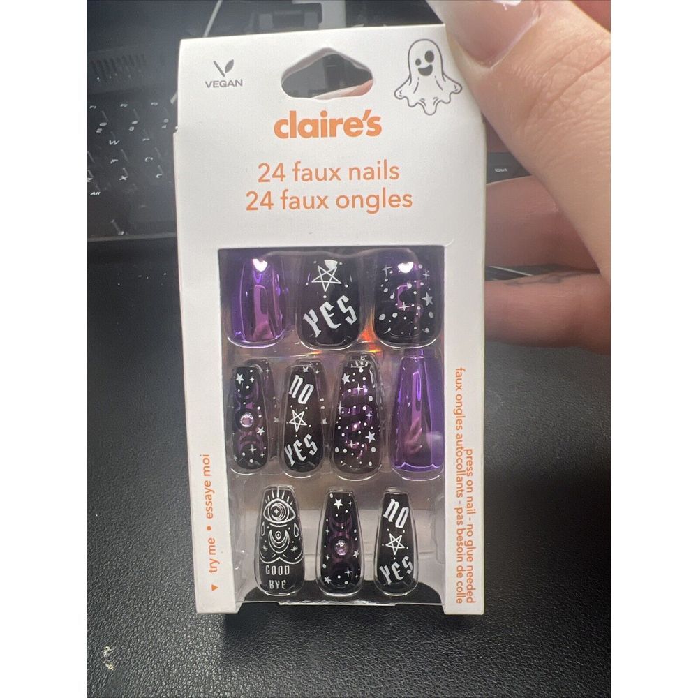 24pc Claire's Fake False‎ Press On Fortune Teller Purple Black Long Coffin Nails